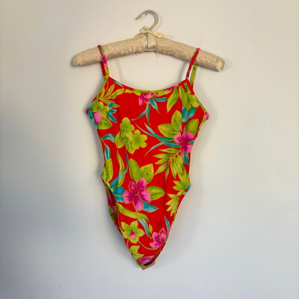 Vintage Colorful floral tropical one piece swim suit.